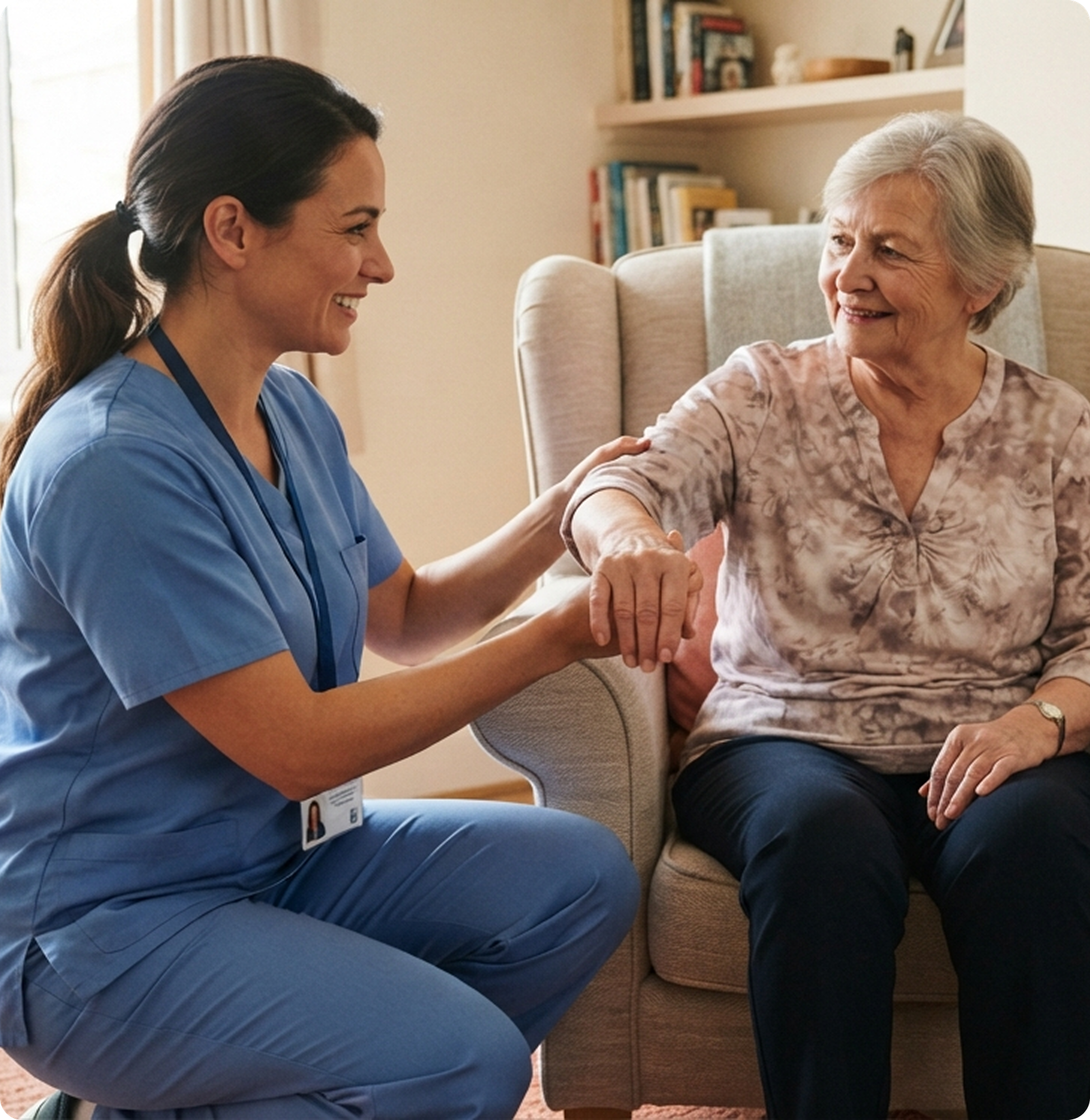 Carer assisting patient in living room