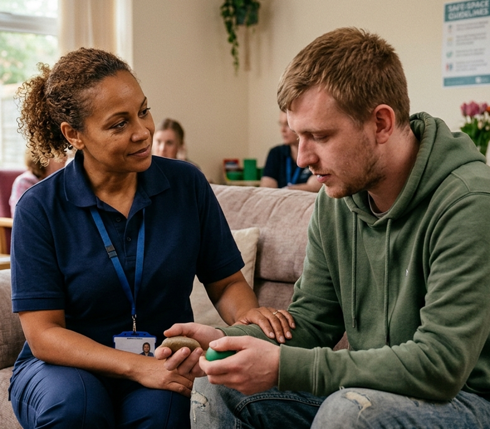 Carer conversing with young patient